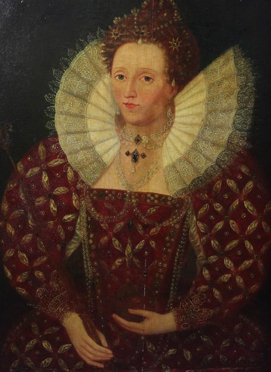 Circle of George Gower (c.1540-1596) Portrait of Queen Elizabeth I, 22 x 17in.